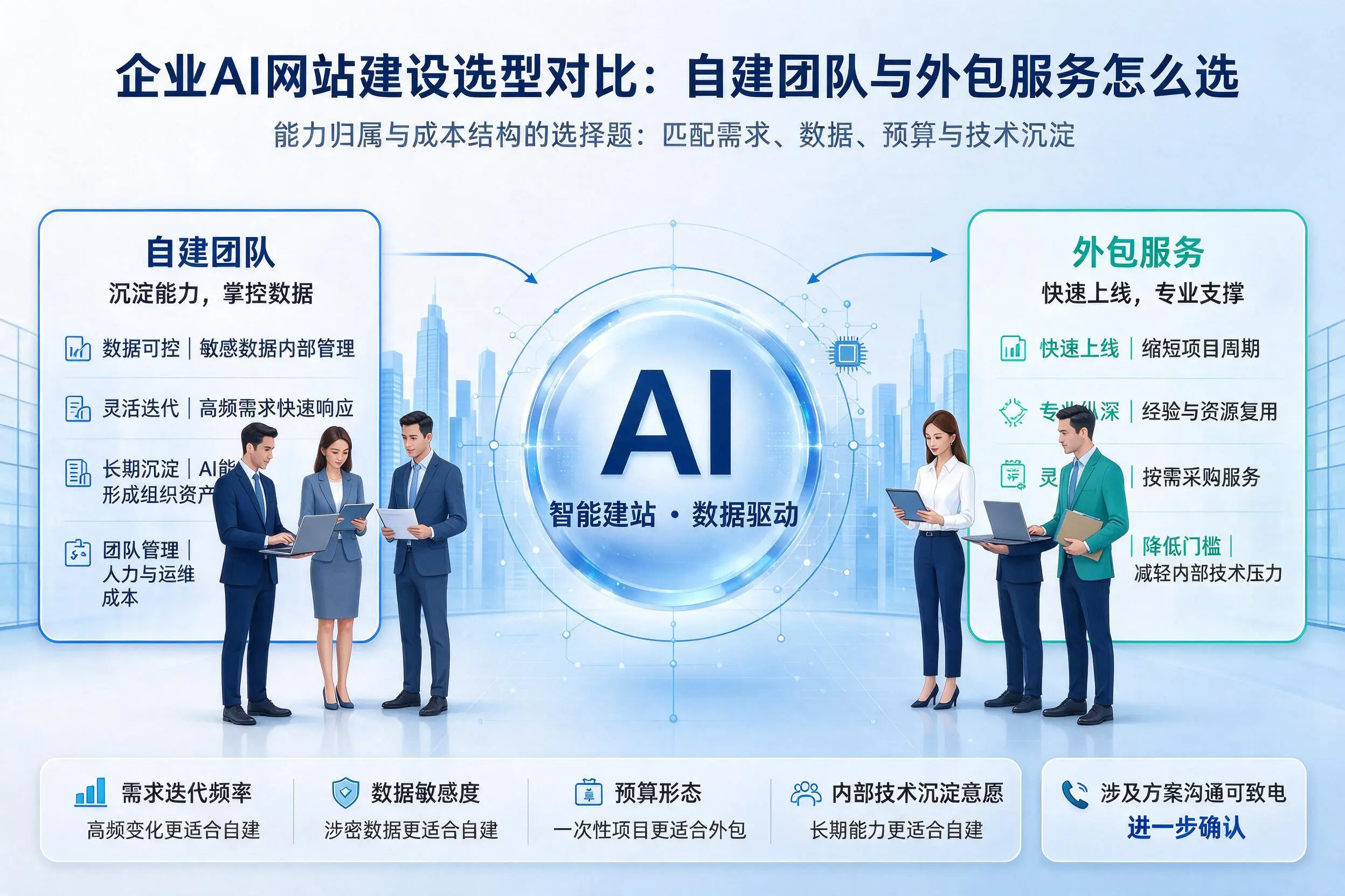 九江企业AI网站建设选型对比：自建团队与外包服务怎么选